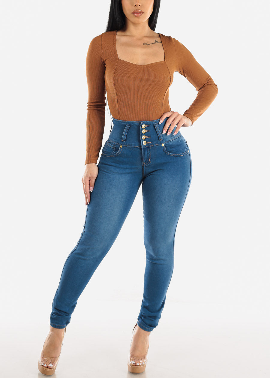 Super High Waisted Butt Lifting Skinny Jeans Med Blue