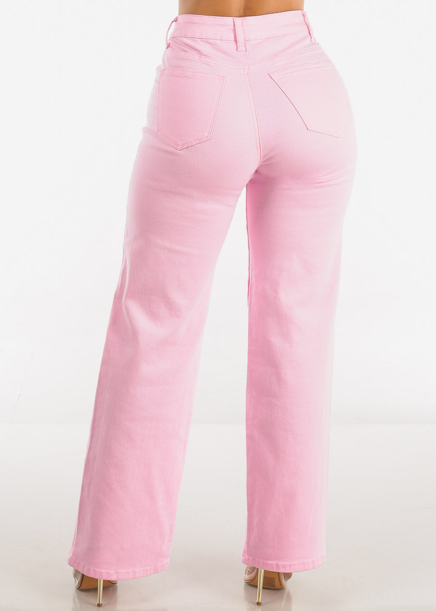 Hyper Stretch High Waist Wide Leg Straight Jeans Light Pink
