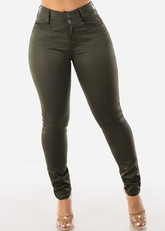 Butt Lifting Coated Faux Leather Skinny Jeans Olive