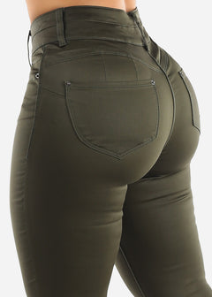Butt Lifting Coated Faux Leather Skinny Jeans Olive