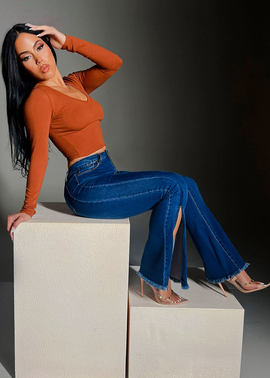 Ultra High Waisted Butt Lifting Bootcut Jeans w Side Slits