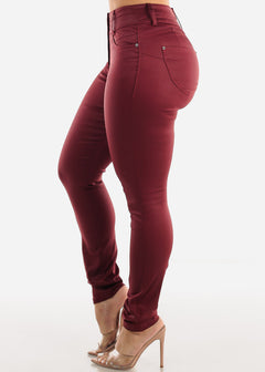 Butt Lifting Coated Faux Leather Skinny Jeans Burgundy