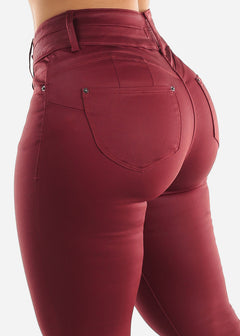 Butt Lifting Coated Faux Leather Skinny Jeans Burgundy