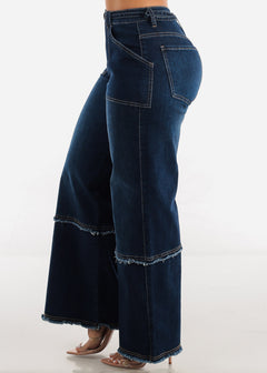 Fringed Stretch Wide Leg Utility Jeans Dark Wash w Belt