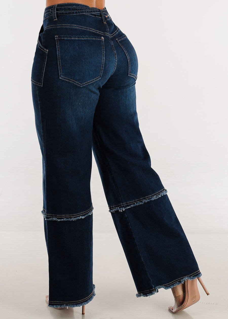 Fringed Stretch Wide Leg Utility Jeans Dark Wash w Belt