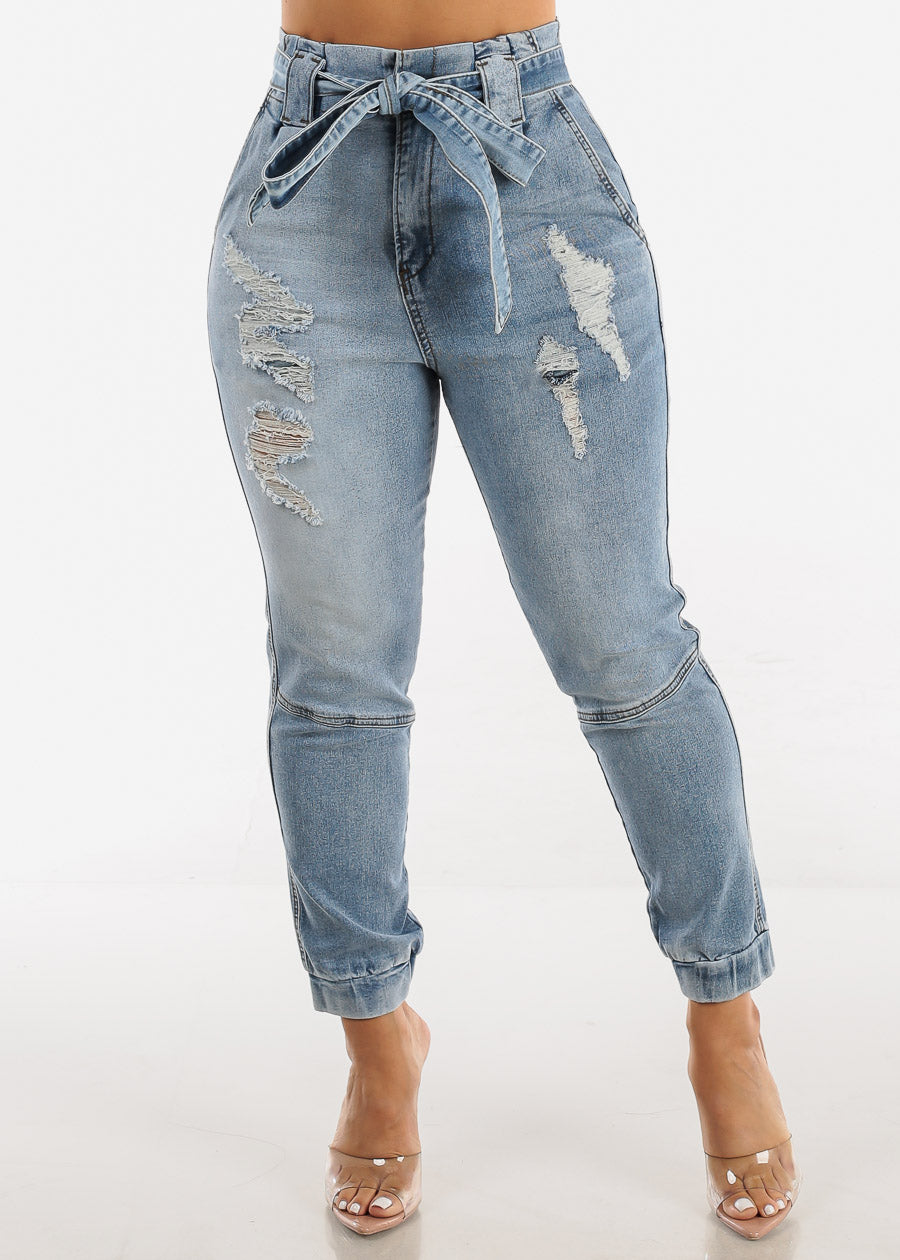 High Waisted Ripped Paper Bag Ankle Jeans w Belt
