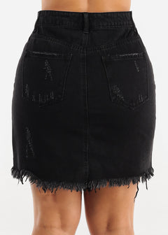 Distressed Black Cotton Denim Mini Skirt