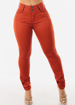 Butt Lifting Coated Faux Leather Skinny Jeans Dark Orange