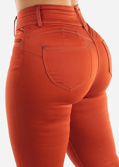 Butt Lifting Coated Faux Leather Skinny Jeans Dark Orange