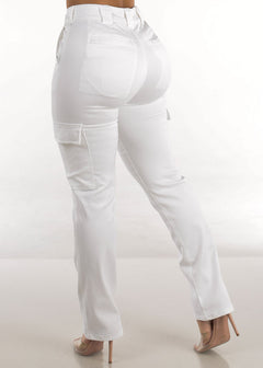 White High Waisted Straight Cargo Pants