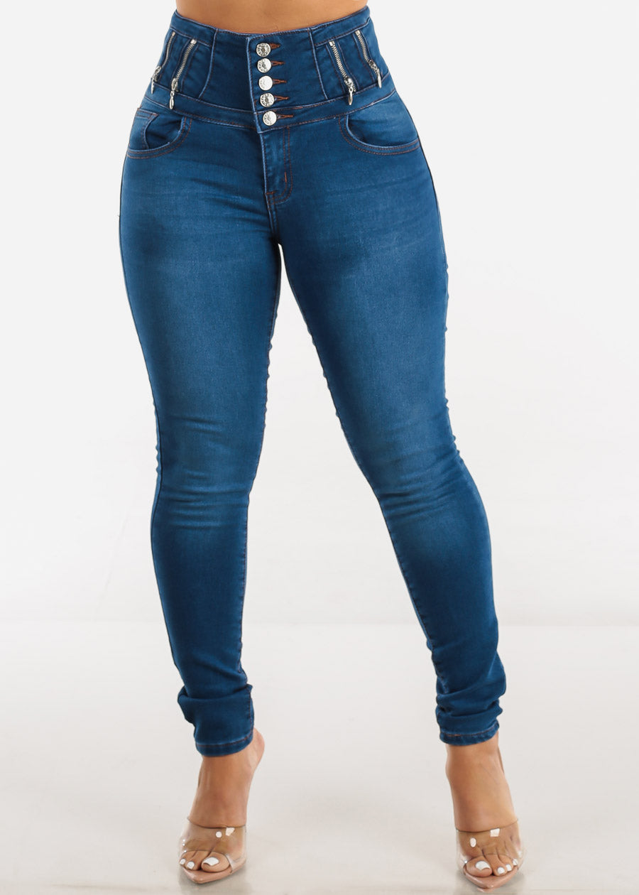 High Waist Butt Lift Skinny Jeans with Zipper Detail