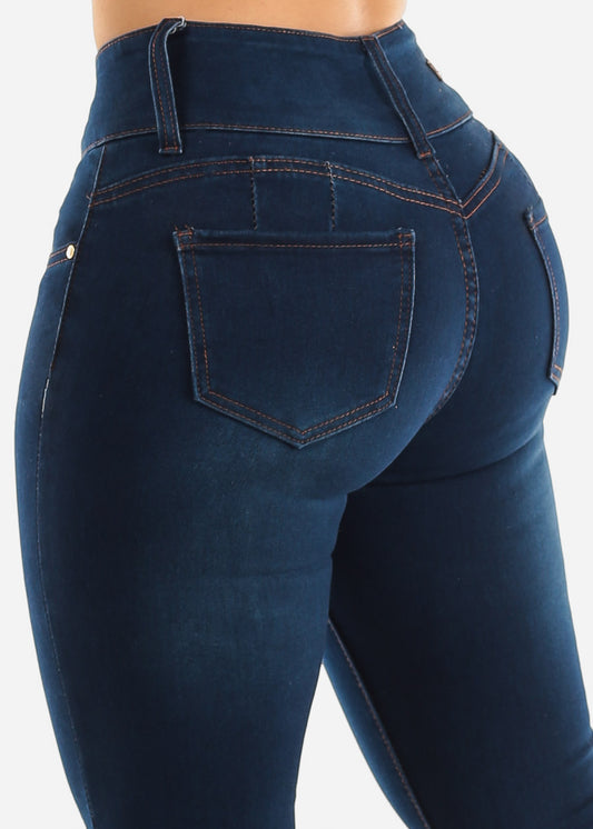 High Waist Dark Blue Butt Lifting Skinny Jeans w Raw hem