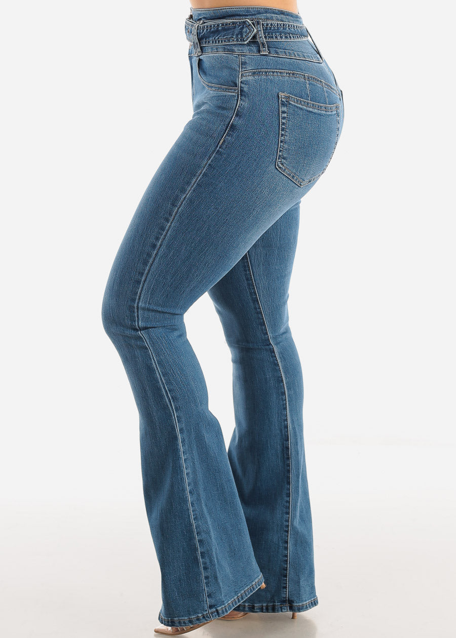Super High Waisted Butt Lifting Blue Wash Flared Jeans