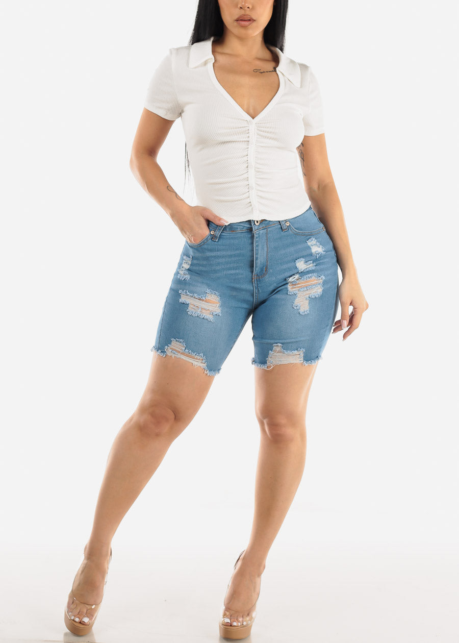 High Waisted Distressed Light Denim Bermuda Shorts