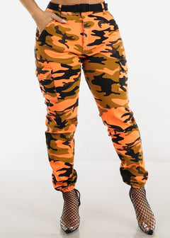 High Waist Neon Orange Camouflage Jogger Pants w Belt