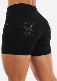 Black Butt Lifting Mid Rise Denim Shorts