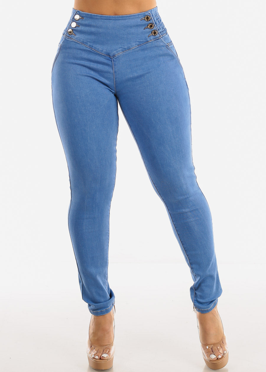 High Spandex Waist Butt Lifting Skinny Jeans Light Blue