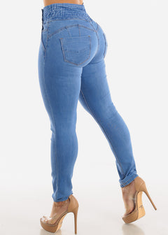 High Spandex Waist Butt Lifting Skinny Jeans Light Blue