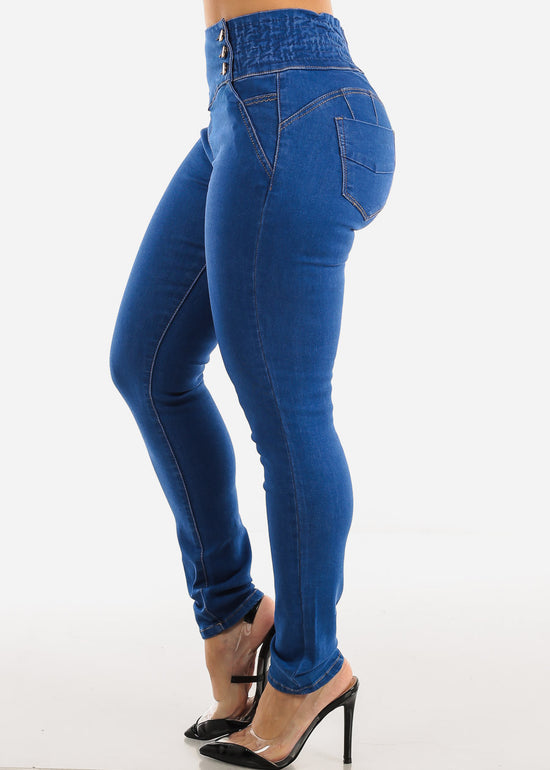 Women's Butt Lifting Blue Skinny Jeans - Side Buttons Butt Lift