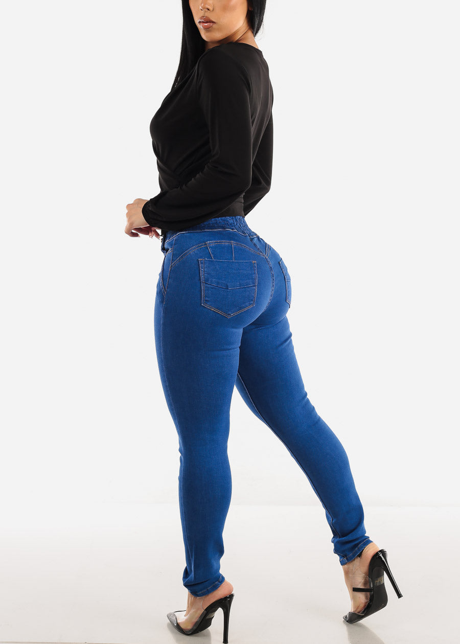 High Spandex Waist Butt Lifting Skinny Jeans Indigo