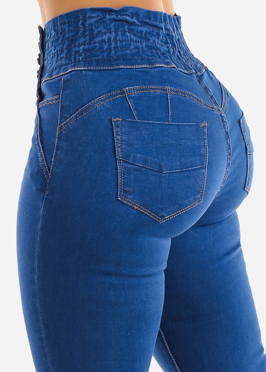 Women's Butt Lifting Blue Skinny Jeans - Side Buttons Butt Lift