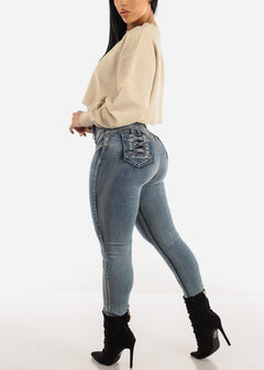 Ultra High Waisted Butt Lifting Skinny Jeans Med Sand Wash