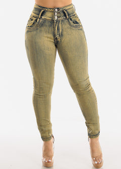Super High Waisted Butt Lifting Skinny Jeans Lime Sand Wash