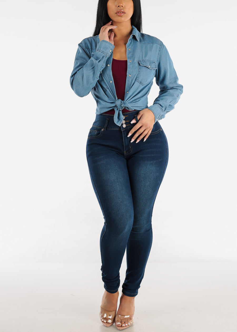 High Waisted Butt Lifting Skinny Jeans Med Blue