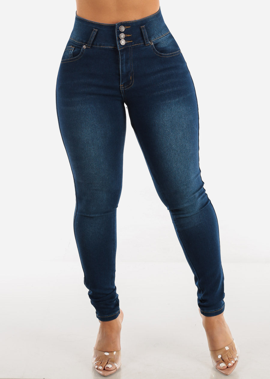 High Waisted Butt Lifting Skinny Jeans Med Blue