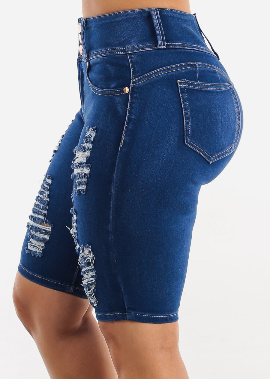 Butt Lifting Distressed High Waist Royal Blue Bermuda Shorts