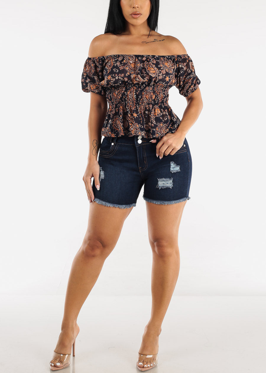 Butt Lifting Raw Hem Distressed Denim Shorts Dark Blue