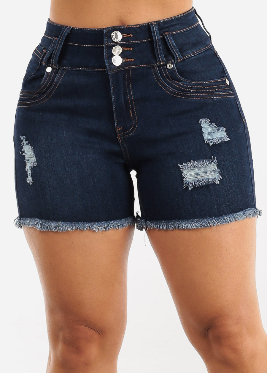 Butt Lifting Raw Hem Distressed Denim Shorts Dark Blue