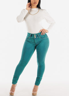 High Waisted Acid Wash Butt Lifting Skinny Jeans Teal