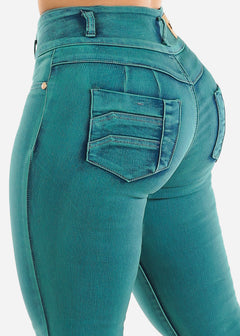 High Waisted Acid Wash Butt Lifting Skinny Jeans Teal