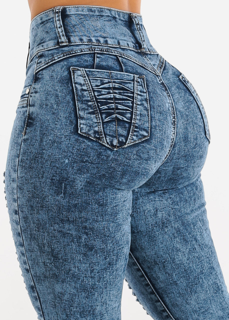 Butt Lifting Distressed Acid Wash Skinny Jeans