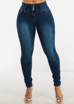 Mid Rise Butt Lifting Med Blue Skinny Jeans