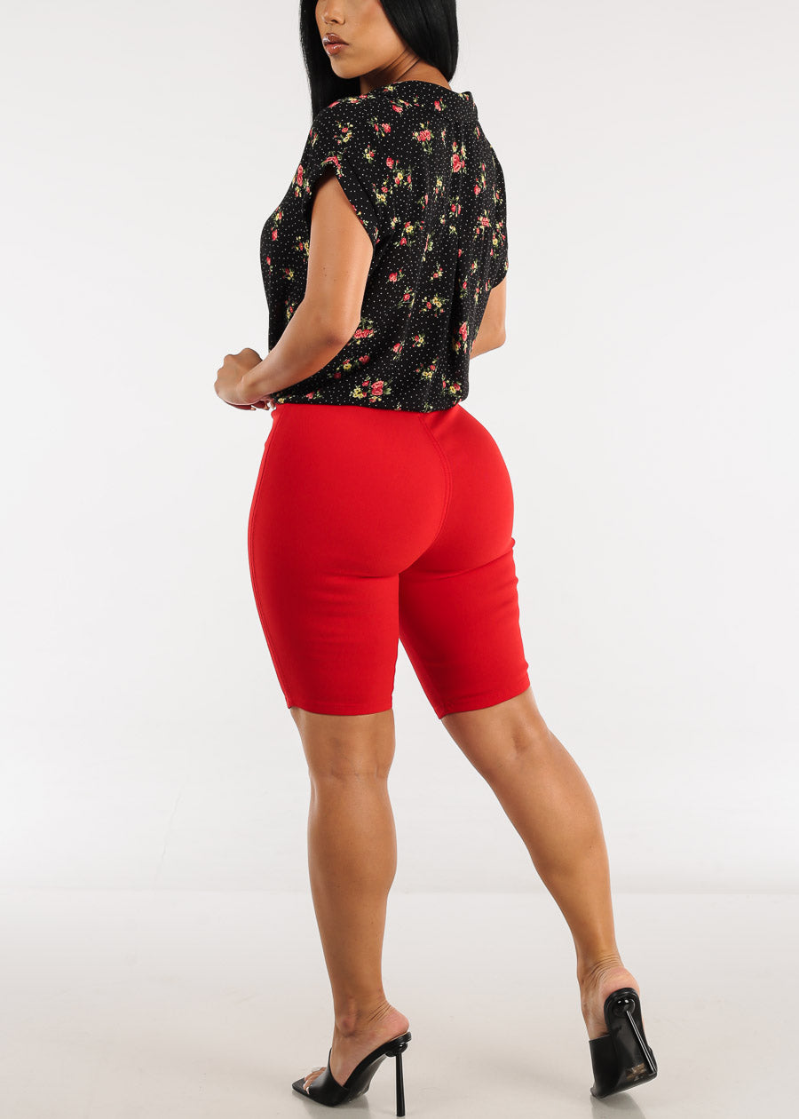 Red High Waist Hyper Stretch Bermuda Shorts