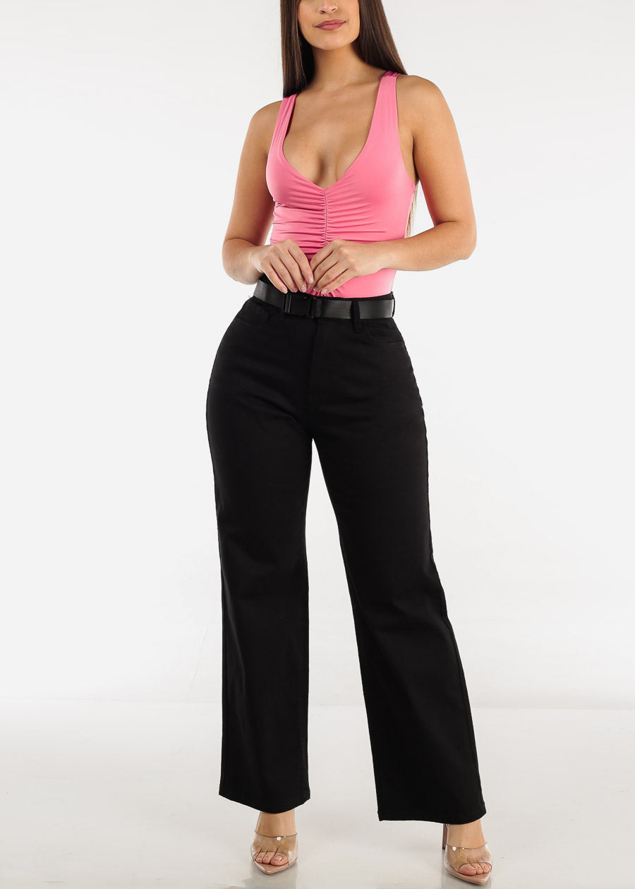 Black High Waist Slim Straight Pants w Belt