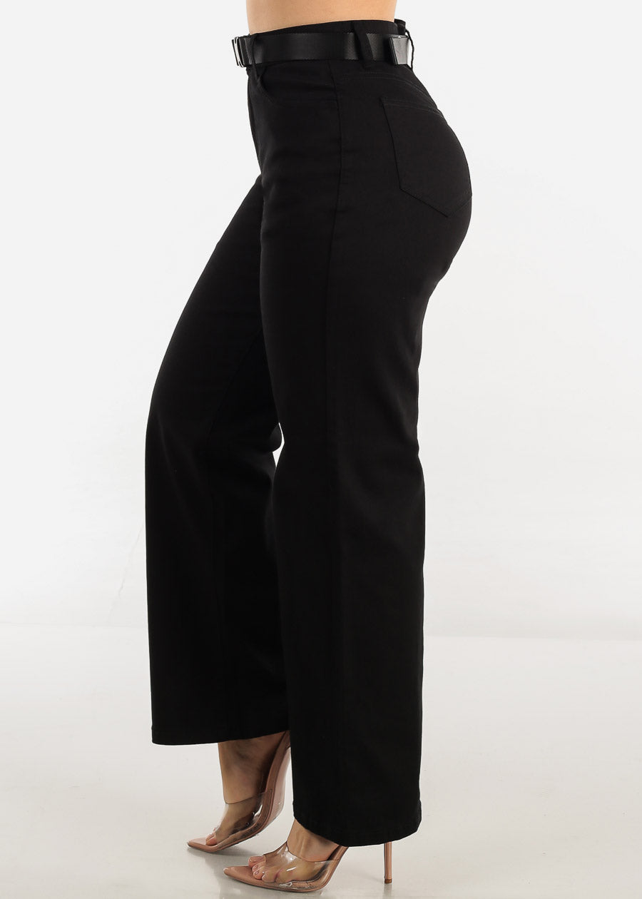 Black High Waist Slim Straight Pants w Belt