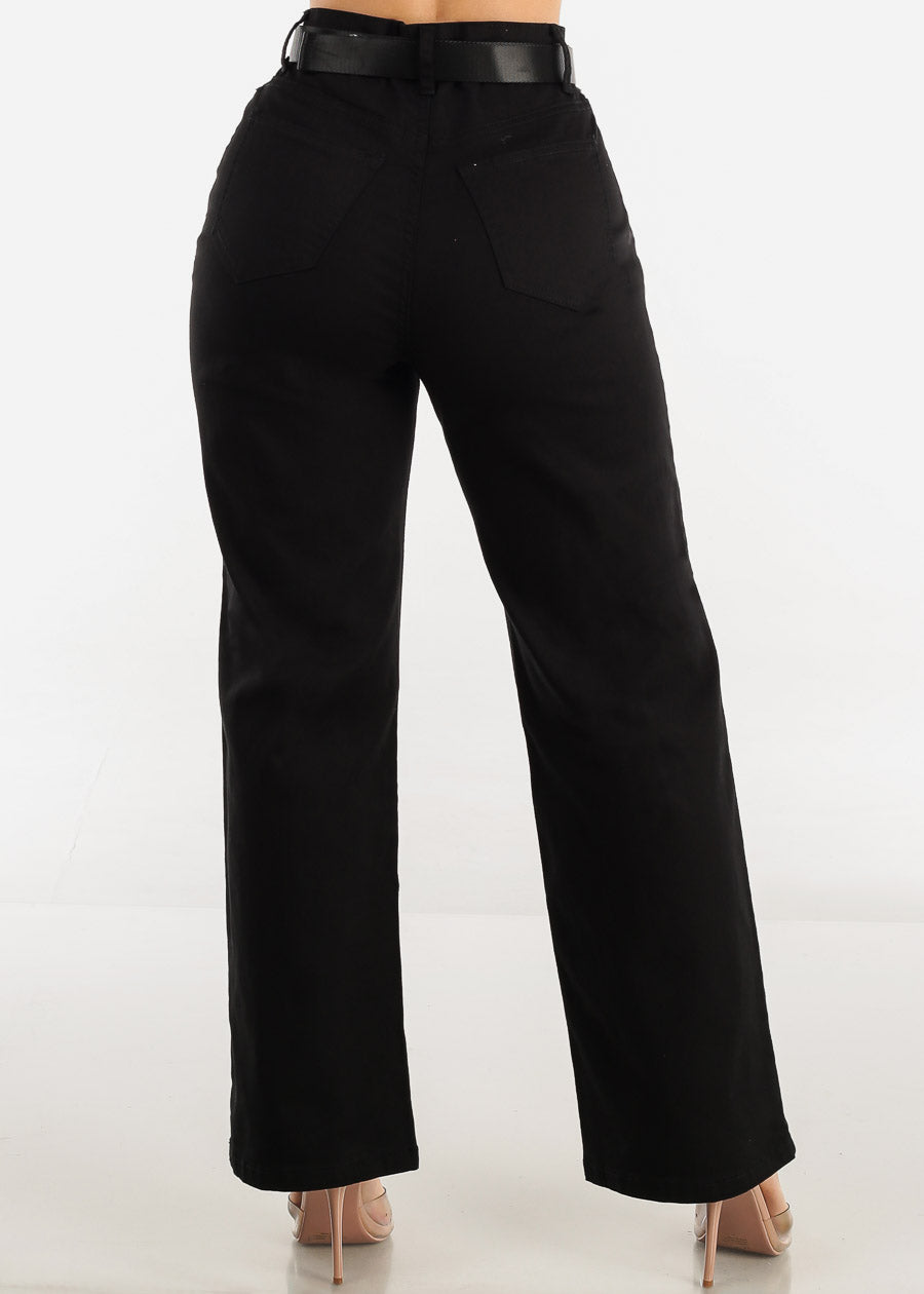 Black High Waist Slim Straight Pants w Belt