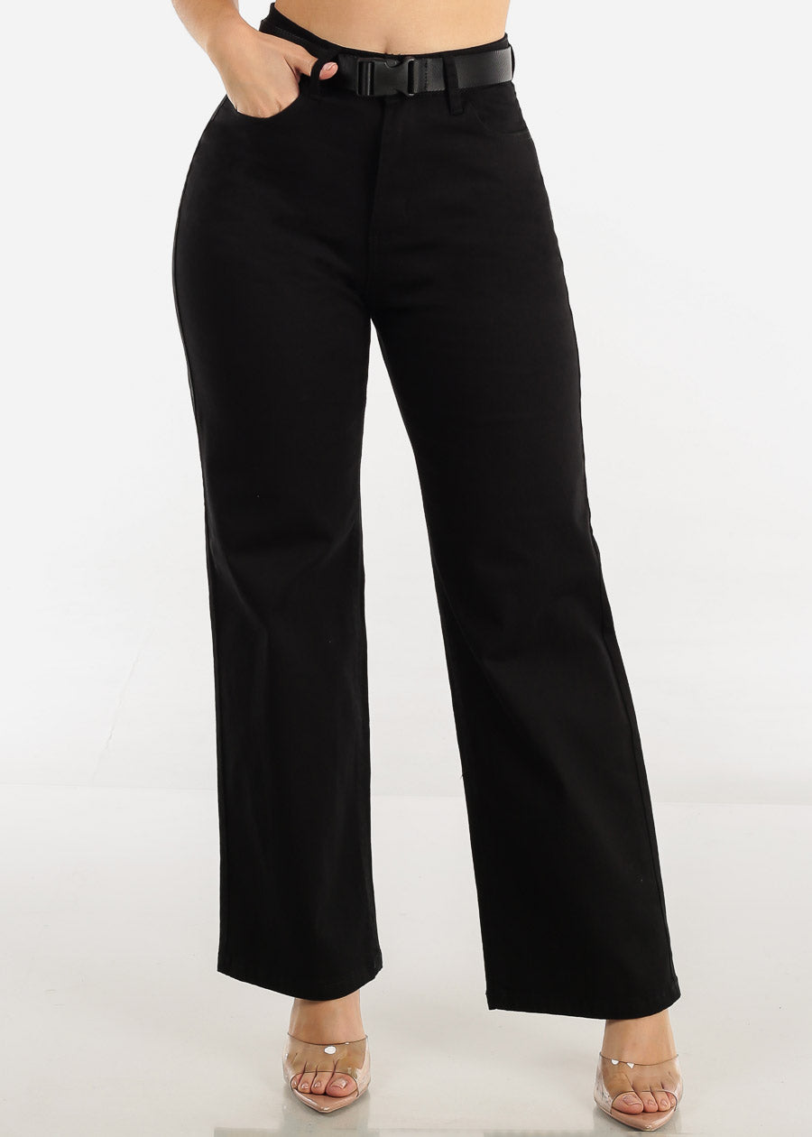 Black High Waist Slim Straight Pants w Belt