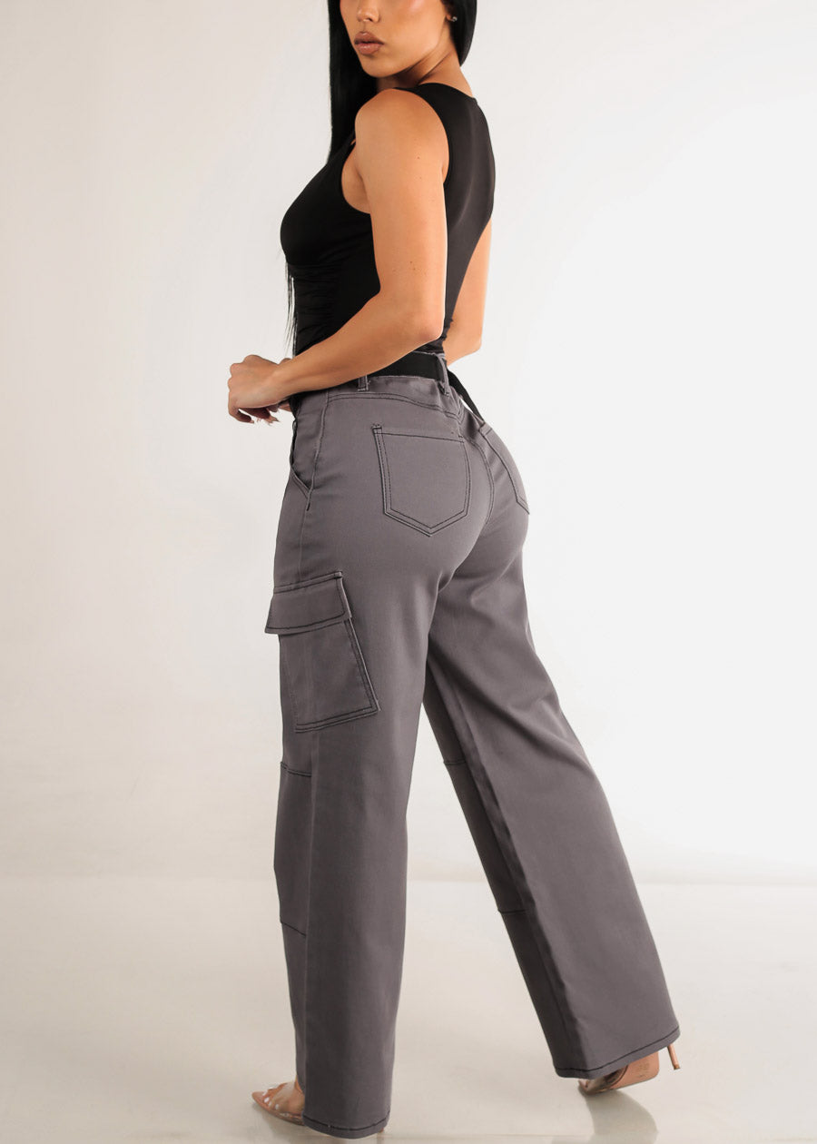 Women Charcoal Cargo Wide leg Jeans