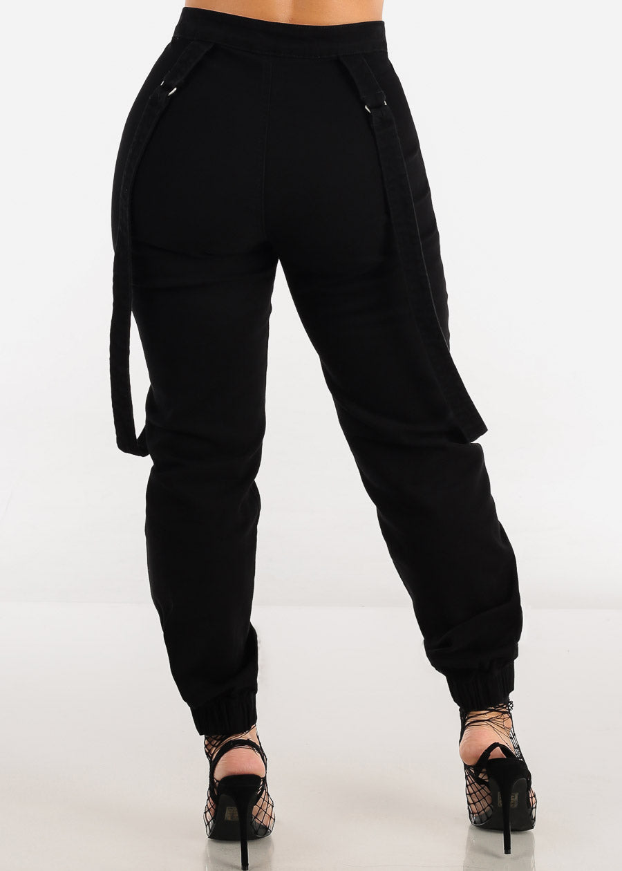 High Waisted Black Jogger Pants w Straps