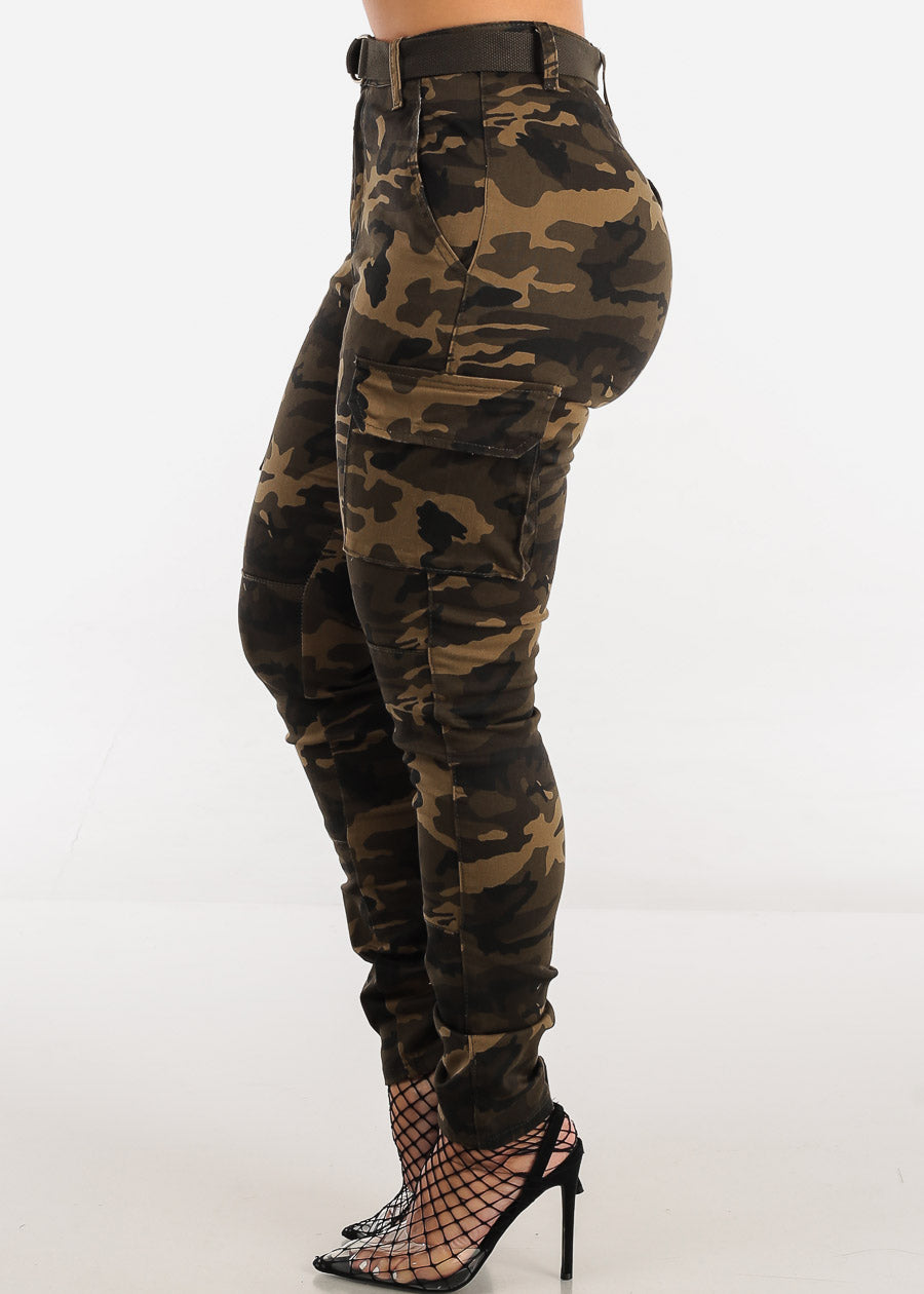 High Waist Camouflage Cargo Skinny Pants w Belt