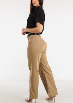 Khaki High Waist Slim Straight Pants w Belt