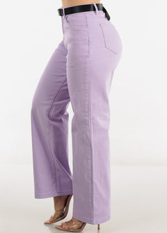 High Waist Slim Straight Pants Lavender w Belt