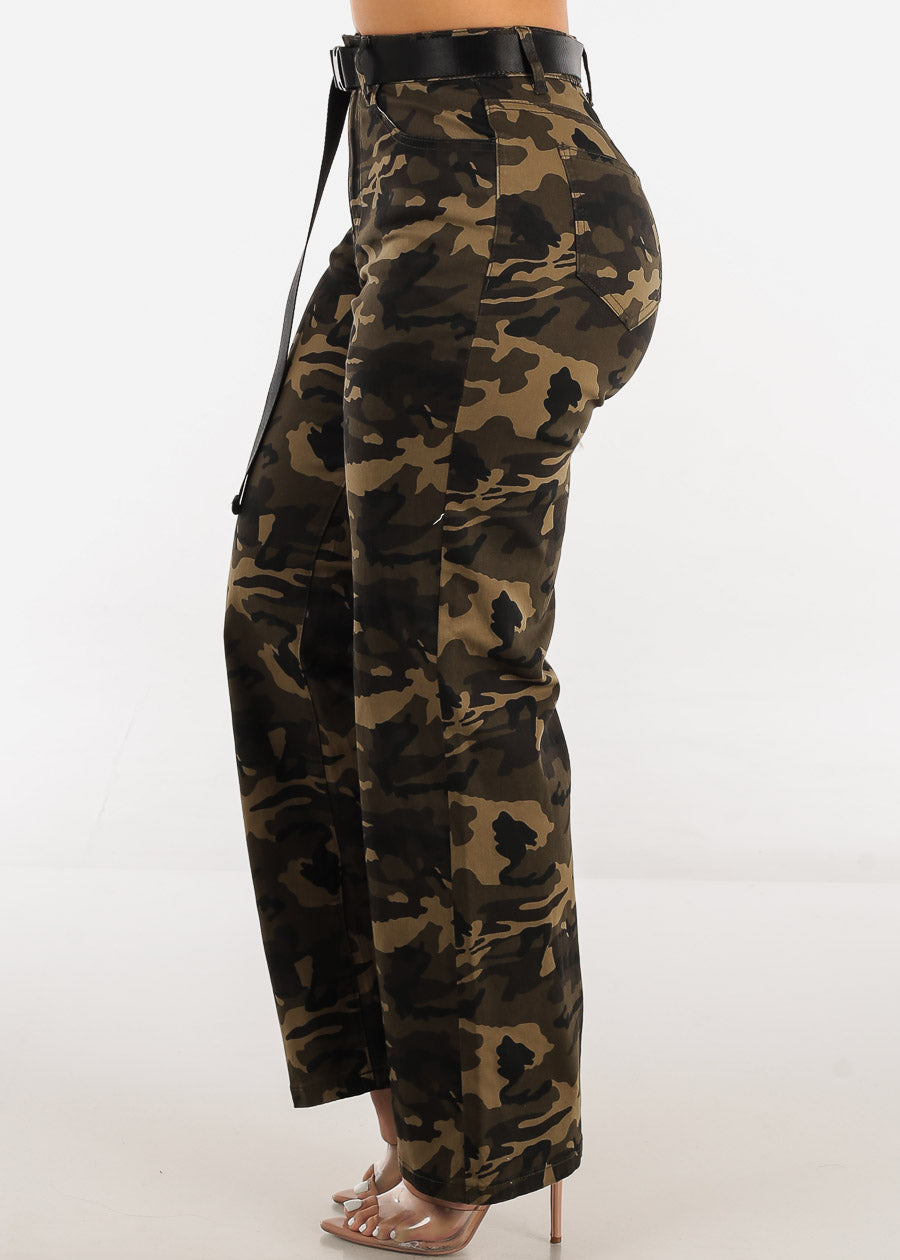 High Waist Straight Leg Camouflage Pants w Belt