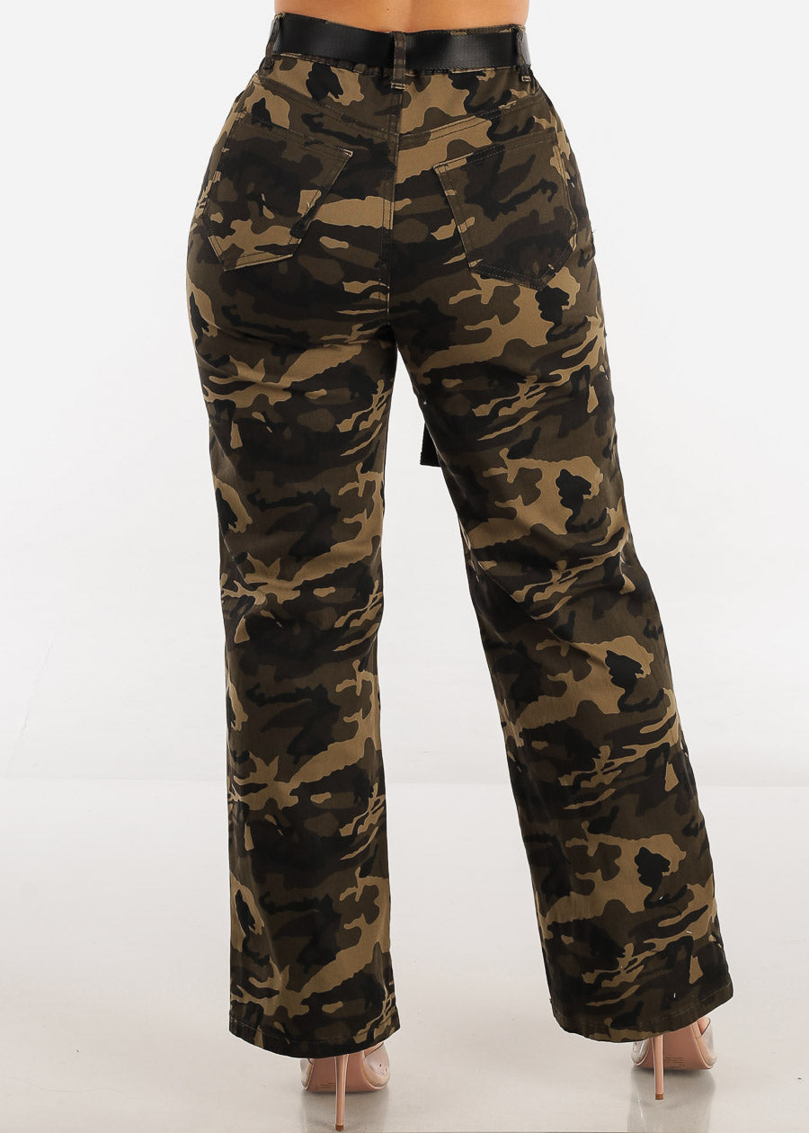 High Waist Straight Leg Camouflage Pants w Belt