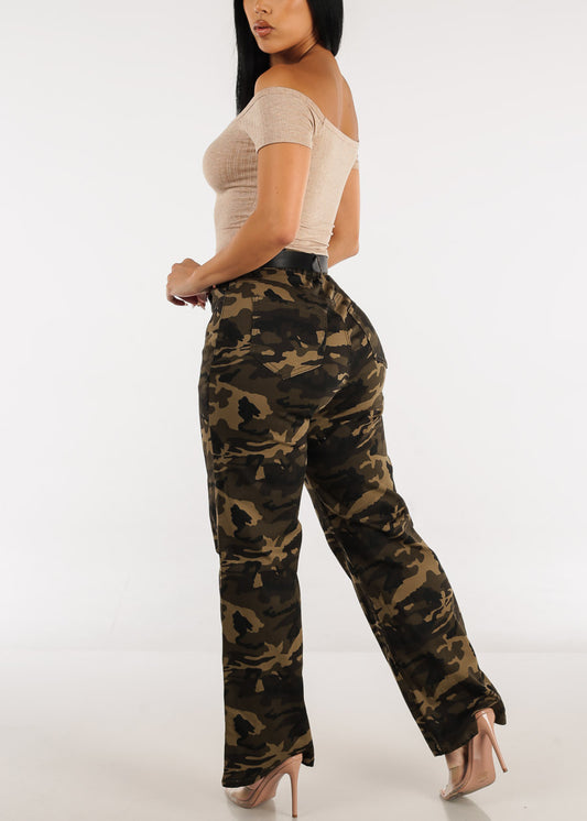 High Waist Straight Leg Camouflage Pants w Belt