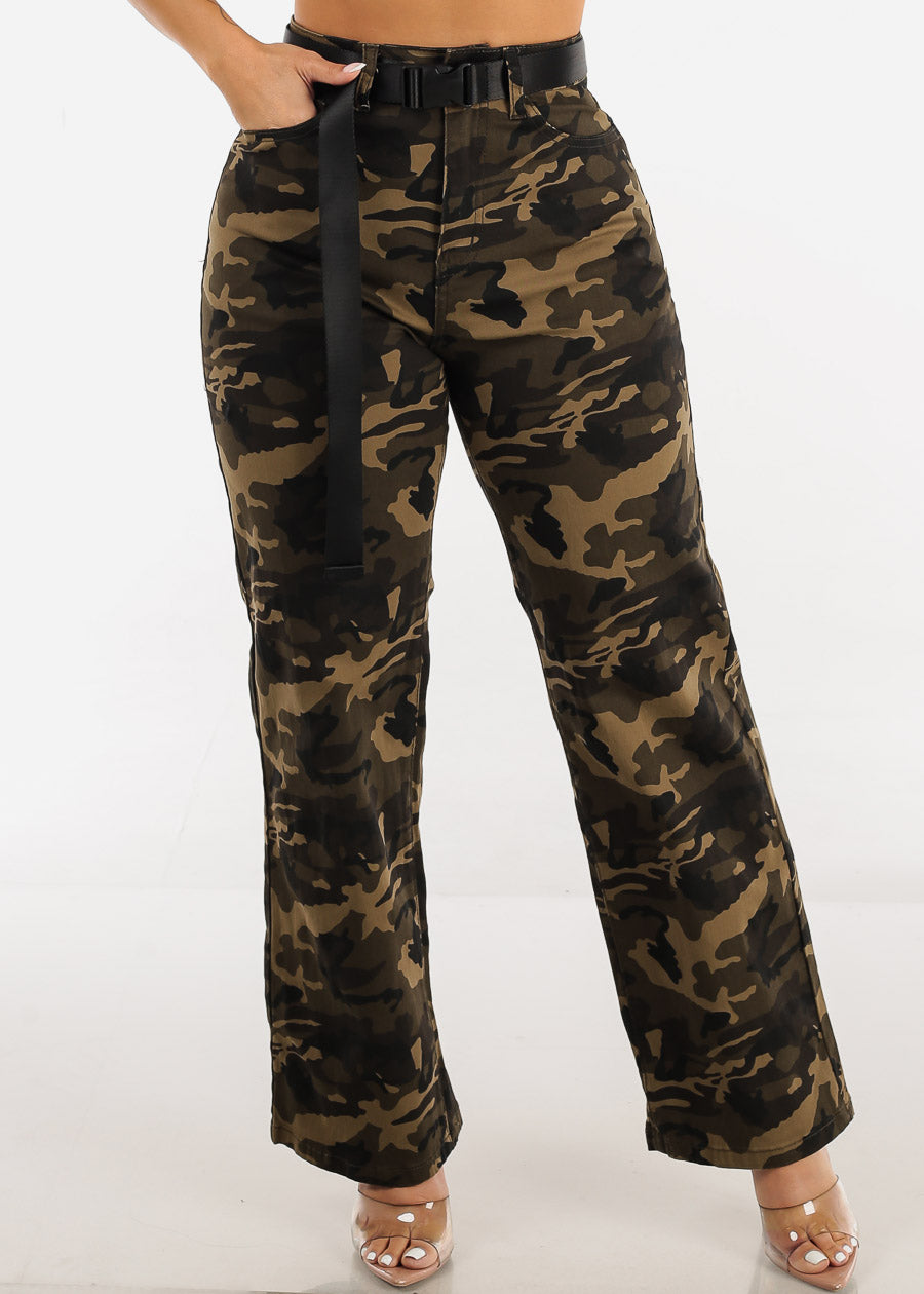 High Waist Straight Leg Camouflage Pants w Belt